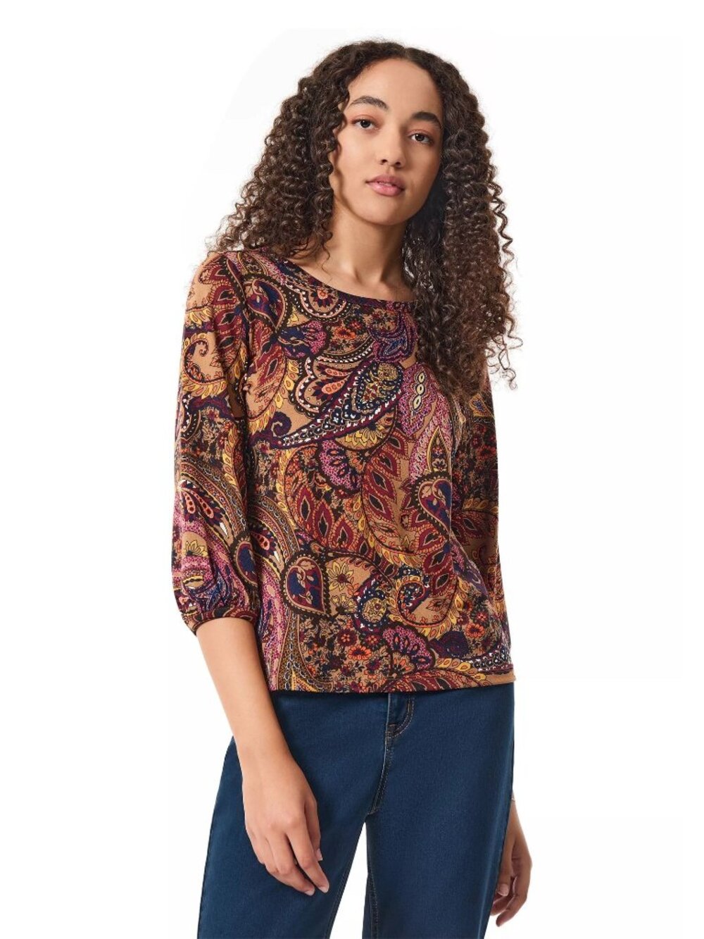 NWT JONES NEW YORK Women's 3/4 Sleeve Paisley Print Moss Crepe Blouse Brown M